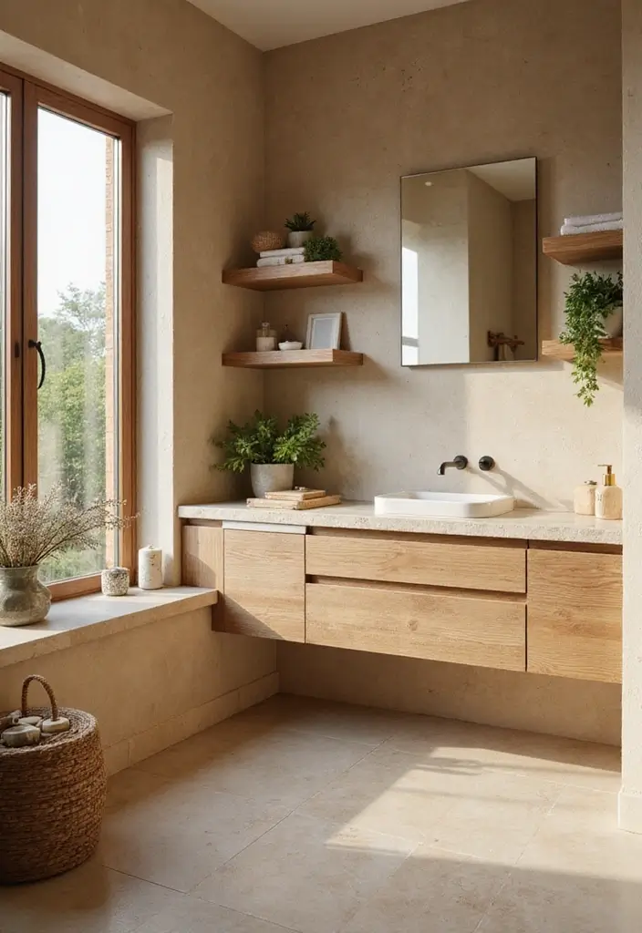 25 Beige Countertops Bathroom Ideas That Feel Warm and Elegant 2 25 Beige Countertops Bathroom Ideas That Feel Warm and Elegant - 1. Warm Tones with Natural Wood Accents