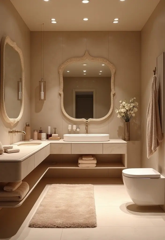 25 Beige Countertops Bathroom Ideas That Feel Warm and Elegant 14 25 Beige Countertops Bathroom Ideas That Feel Warm and Elegant - 13. Luxurious Textures with Velvet Accessories