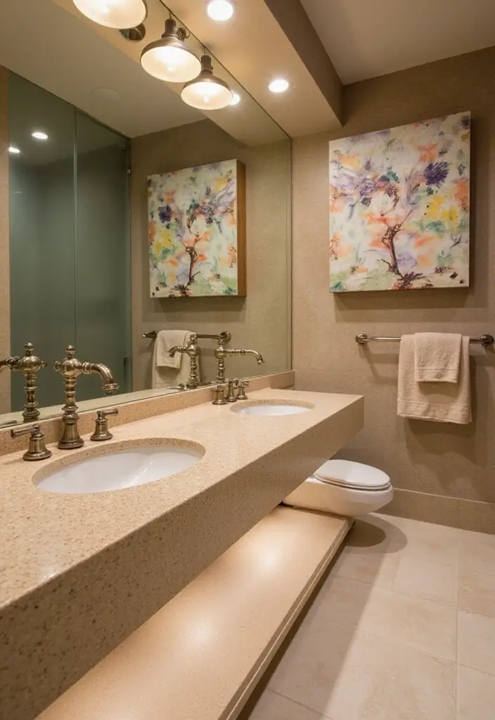 25 Beige Countertops Bathroom Ideas That Feel Warm and Elegant 15 25 Beige Countertops Bathroom Ideas That Feel Warm and Elegant - 14. Artistic Flair with Unique Faucets