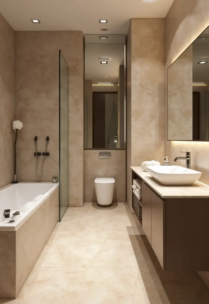 25 Beige Countertops Bathroom Ideas That Feel Warm and Elegant 16 25 Beige Countertops Bathroom Ideas That Feel Warm and Elegant - 15. Contemporary Chic with Geometric Patterns