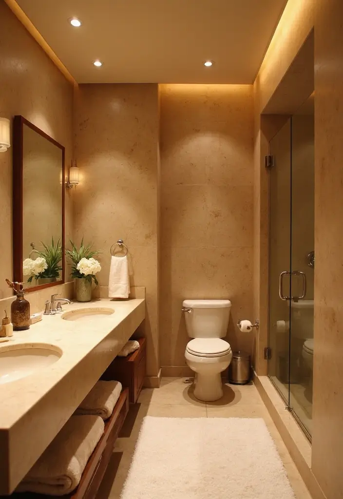 25 Beige Countertops Bathroom Ideas That Feel Warm and Elegant 18 25 Beige Countertops Bathroom Ideas That Feel Warm and Elegant - 17. Warm Earth Tones with Soft Lighting