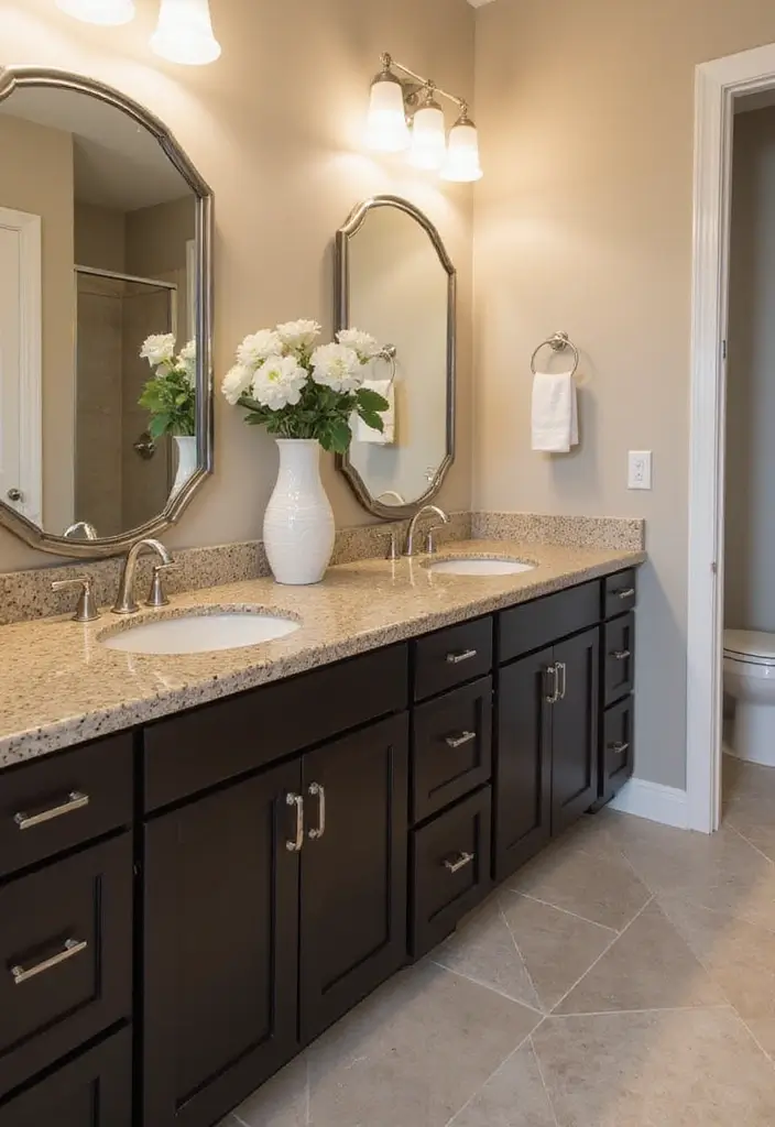 25 Beige Countertops Bathroom Ideas That Feel Warm and Elegant 19 25 Beige Countertops Bathroom Ideas That Feel Warm and Elegant - 18. Two-Toned Beauty with Beige and Dark Shades
