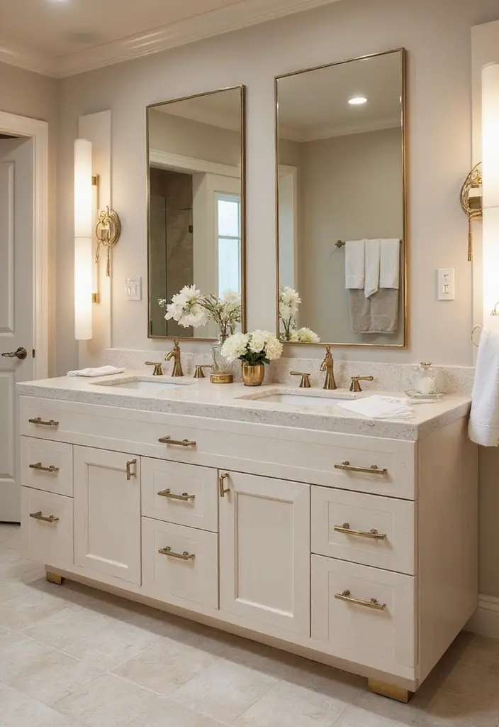 25 Beige Countertops Bathroom Ideas That Feel Warm and Elegant 23 25 Beige Countertops Bathroom Ideas That Feel Warm and Elegant - 22. Soft Glam with Metallic Accents