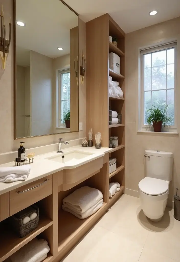 25 Beige Countertops Bathroom Ideas That Feel Warm and Elegant 26 25 Beige Countertops Bathroom Ideas That Feel Warm and Elegant - 25. Functional Storage Solutions with Style