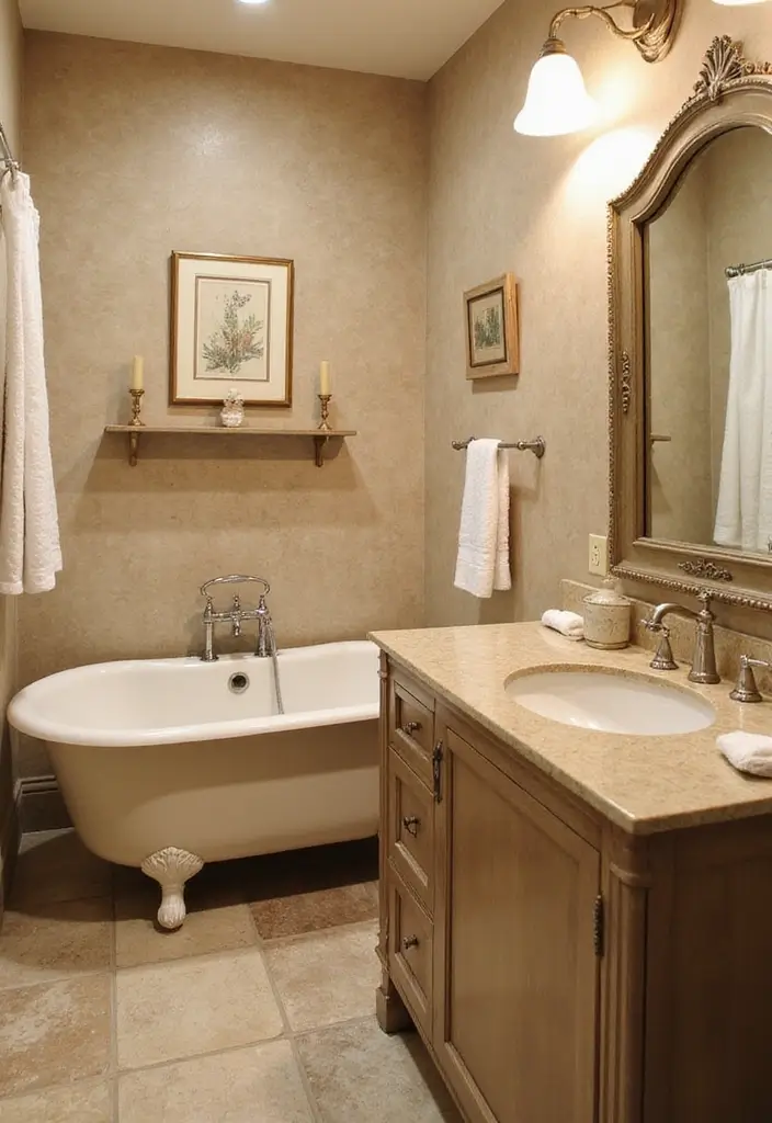 25 Beige Countertops Bathroom Ideas That Feel Warm and Elegant 5 25 Beige Countertops Bathroom Ideas That Feel Warm and Elegant - 4. Vintage Vibes with Antique Fixtures