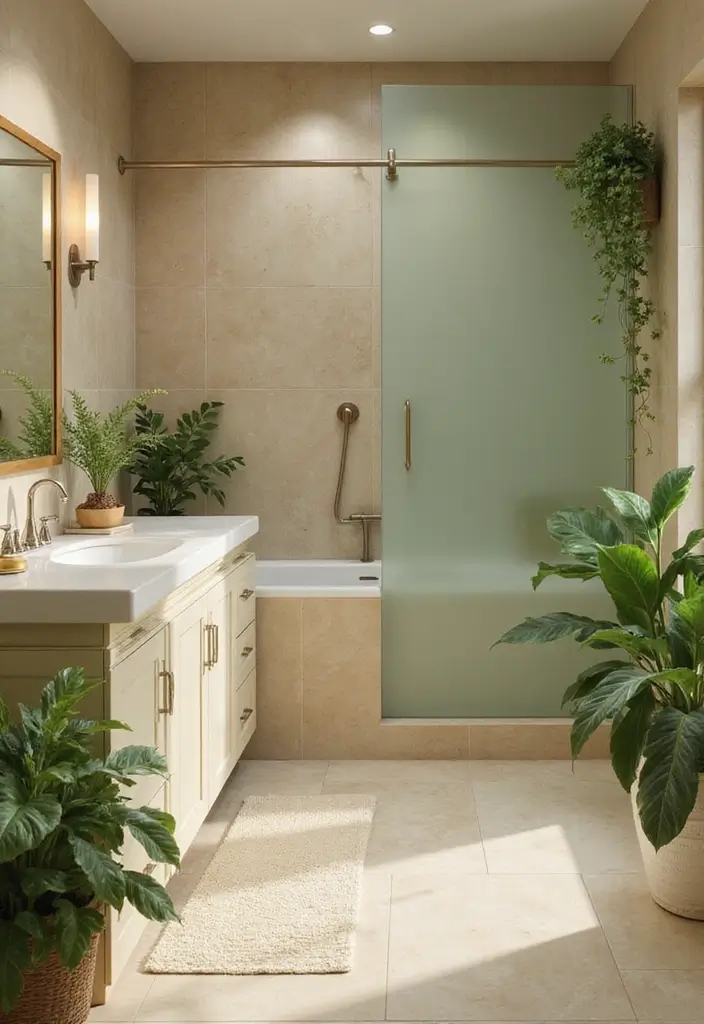25 Beige Countertops Bathroom Ideas That Feel Warm and Elegant 7 25 Beige Countertops Bathroom Ideas That Feel Warm and Elegant - 6. Spa-Like Serenity with Beige and Green
