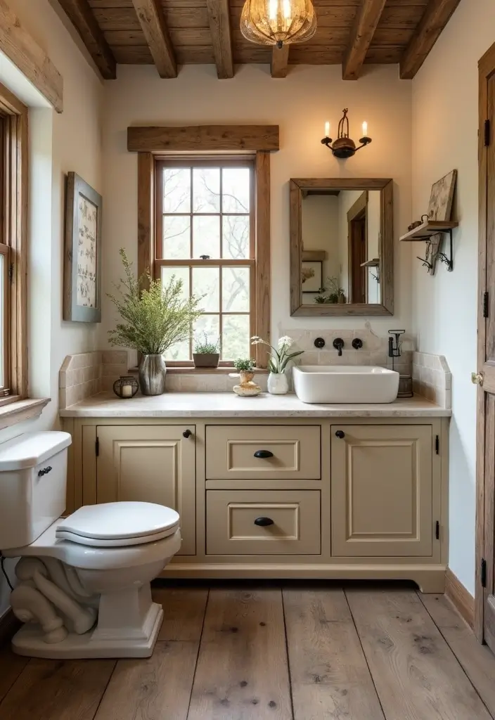 25 Beige Countertops Bathroom Ideas That Feel Warm and Elegant 8 25 Beige Countertops Bathroom Ideas That Feel Warm and Elegant - 7. Rustic Farmhouse Charm