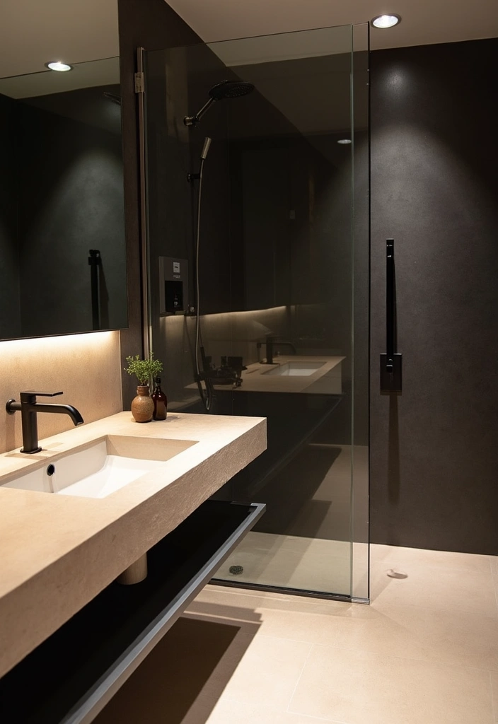 25 Beige Countertops Bathroom Ideas That Feel Warm and Elegant 9 25 Beige Countertops Bathroom Ideas That Feel Warm and Elegant - 8. Bold Contrast with Dark Accents