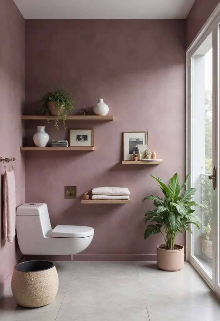 26 Mauve Bathroom Ideas That Add a Soft Romantic Touch 19 26 Mauve Bathroom Ideas That Add a Soft Romantic Touch - 18. Mauve Wall Shelves