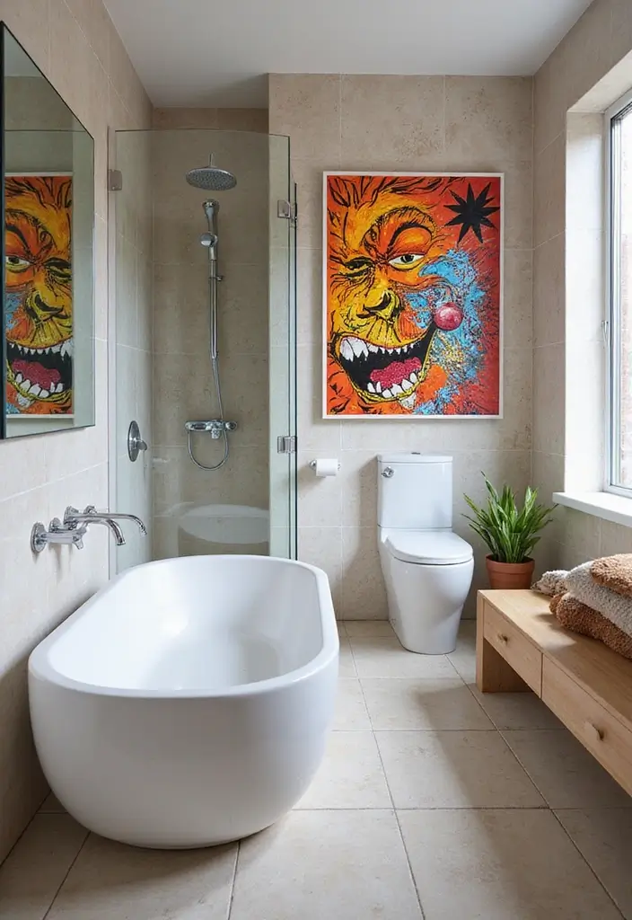 27 Light Bathroom Ideas That Feel Airy and Bright 16 27 Light Bathroom Ideas That Feel Airy and Bright - 15. Bright Artwork