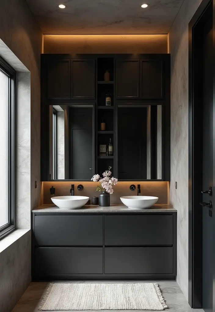 27 Moody Bathroom Decor Ideas With Spa Energy 22 27 Moody Bathroom Decor Ideas With Spa Energy - 21. Dark-Finished Cabinets