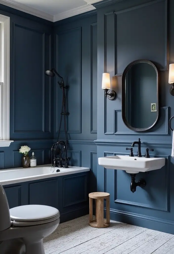 27 Navy and Black Bathroom Ideas That Feel Bold and Modern 2 27 Navy and Black Bathroom Ideas That Feel Bold and Modern - 1. Elegant Navy Wall Paint