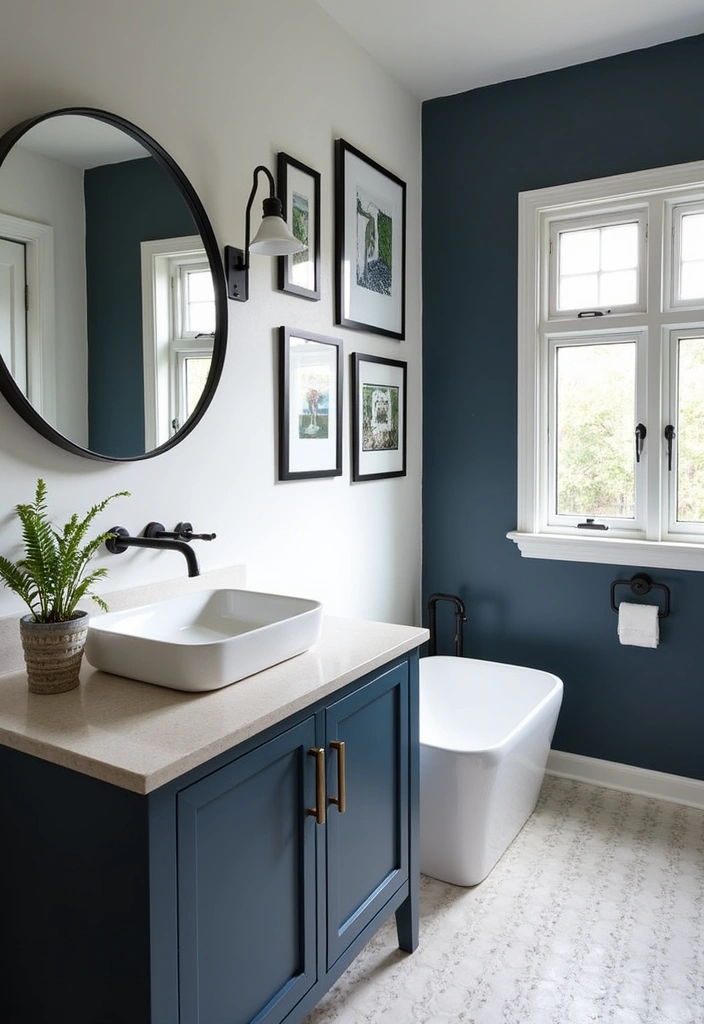 27 Navy and Black Bathroom Ideas That Feel Bold and Modern 13 27 Navy and Black Bathroom Ideas That Feel Bold and Modern - 12. Navy and Black Wall Art