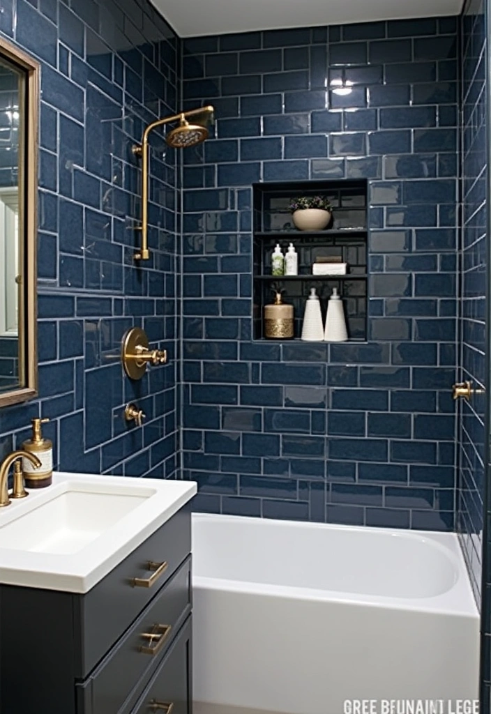 27 Navy and Black Bathroom Ideas That Feel Bold and Modern 14 27 Navy and Black Bathroom Ideas That Feel Bold and Modern - 13. Contemporary Shower Niche