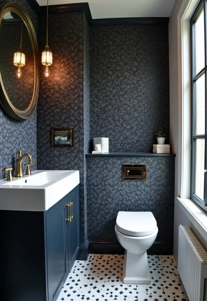 27 Navy and Black Bathroom Ideas That Feel Bold and Modern 15 27 Navy and Black Bathroom Ideas That Feel Bold and Modern - 14. Navy and Black Wallpaper