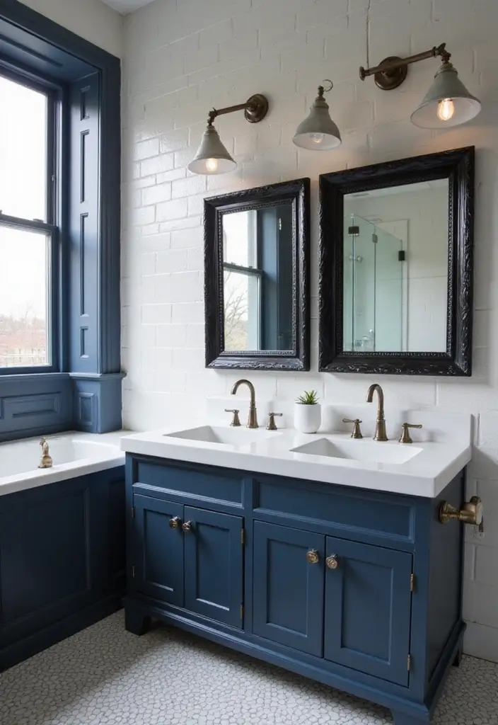 27 Navy and Black Bathroom Ideas That Feel Bold and Modern 17 27 Navy and Black Bathroom Ideas That Feel Bold and Modern - 16. Eye-Catching Navy and Black Mirrors