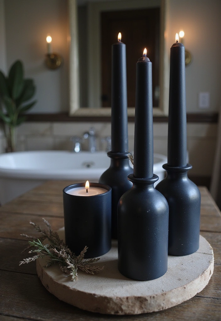 27 Navy and Black Bathroom Ideas That Feel Bold and Modern 18 27 Navy and Black Bathroom Ideas That Feel Bold and Modern - 17. Navy and Black Candles