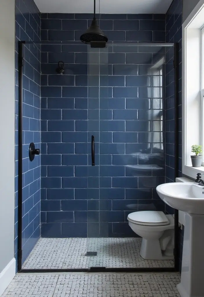 27 Navy and Black Bathroom Ideas That Feel Bold and Modern 20 27 Navy and Black Bathroom Ideas That Feel Bold and Modern - 19. Navy Shower Tiles