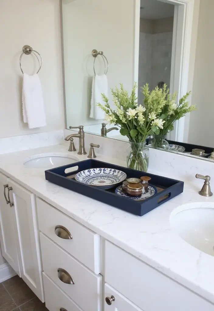 27 Navy and Black Bathroom Ideas That Feel Bold and Modern 22 27 Navy and Black Bathroom Ideas That Feel Bold and Modern - 21. Navy and Black Decorative Trays