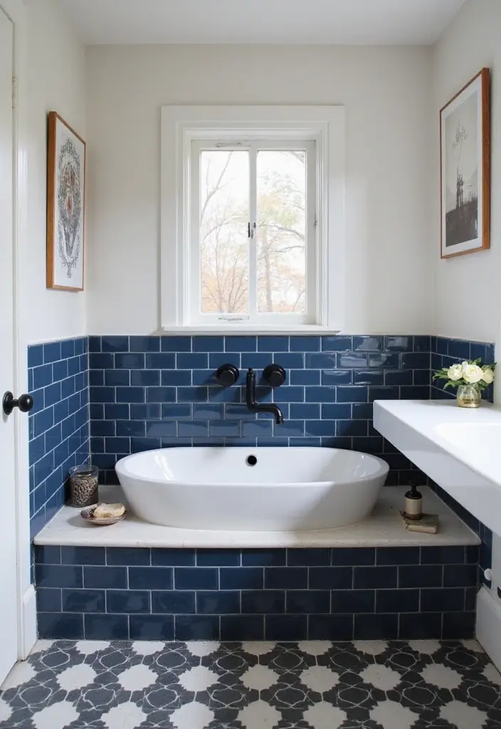 27 Navy and Black Bathroom Ideas That Feel Bold and Modern 23 27 Navy and Black Bathroom Ideas That Feel Bold and Modern - 22. Navy Tiled Backsplash