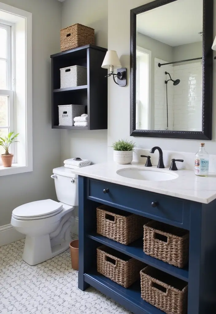 27 Navy and Black Bathroom Ideas That Feel Bold and Modern 24 27 Navy and Black Bathroom Ideas That Feel Bold and Modern - 23. Navy and Black Storage Solutions