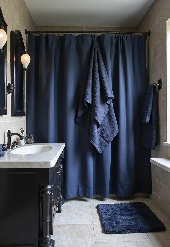 27 Navy and Black Bathroom Ideas That Feel Bold and Modern 25 27 Navy and Black Bathroom Ideas That Feel Bold and Modern - 24. Navy and Black Textiles