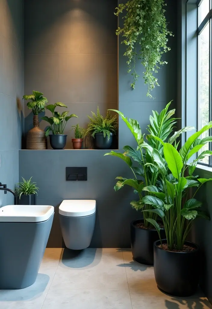27 Navy and Black Bathroom Ideas That Feel Bold and Modern 28 27 Navy and Black Bathroom Ideas That Feel Bold and Modern - 27. Navy and Black Plant Pots