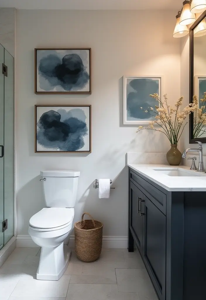 27 Navy and Black Bathroom Ideas That Feel Bold and Modern 6 27 Navy and Black Bathroom Ideas That Feel Bold and Modern - 5. Chic Navy and Black Artwork