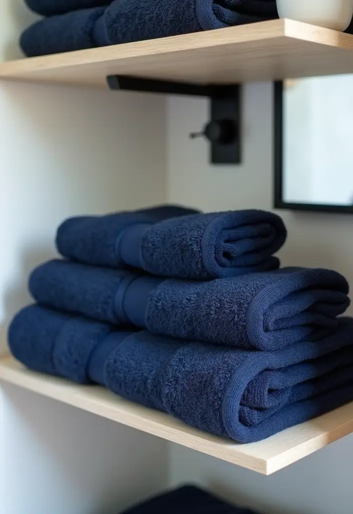 27 Navy and Black Bathroom Ideas That Feel Bold and Modern 7 27 Navy and Black Bathroom Ideas That Feel Bold and Modern - 6. Stylish Navy Towels