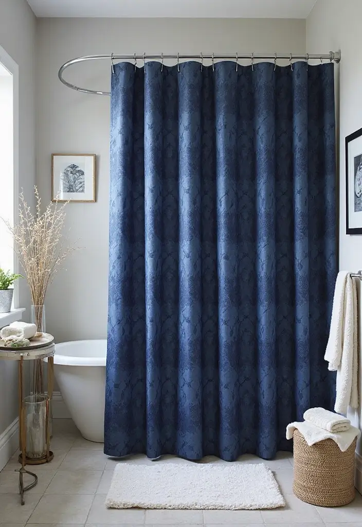 27 Navy and Black Bathroom Ideas That Feel Bold and Modern 9 27 Navy and Black Bathroom Ideas That Feel Bold and Modern - 8. Luxurious Navy Shower Curtain