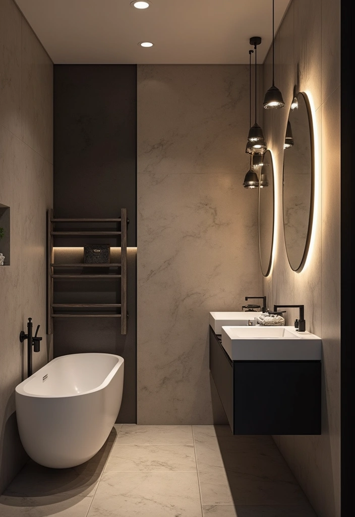 27 Navy and Black Bathroom Ideas That Feel Bold and Modern 10 27 Navy and Black Bathroom Ideas That Feel Bold and Modern - 9. Unique Black Lighting Fixtures