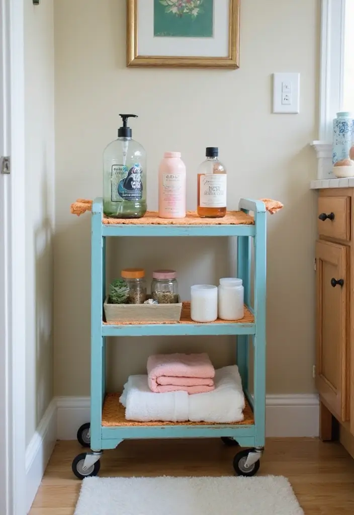 27 Small Bathroom Cabinet Ideas That Add Storage 12 27 Small Bathroom Cabinet Ideas That Add Storage - 11. Rolling Carts