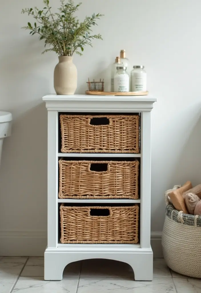 27 Small Bathroom Cabinet Ideas That Add Storage 19 27 Small Bathroom Cabinet Ideas That Add Storage - 18. Basket Drawers