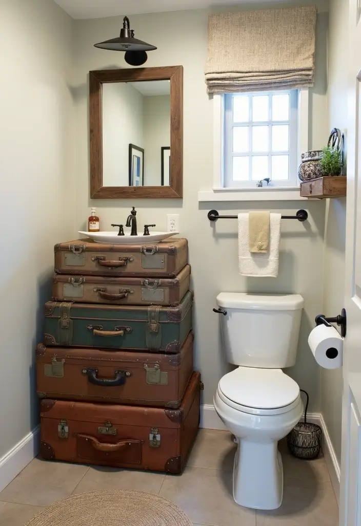 27 Small Bathroom Cabinet Ideas That Add Storage 24 27 Small Bathroom Cabinet Ideas That Add Storage - 23. Vintage Suitcase Storage