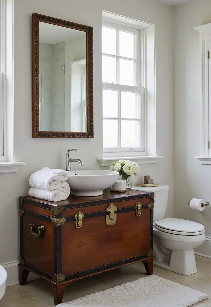 27 Small Bathroom Cabinet Ideas That Add Storage 27 27 Small Bathroom Cabinet Ideas That Add Storage - 26. An Antique Trunk