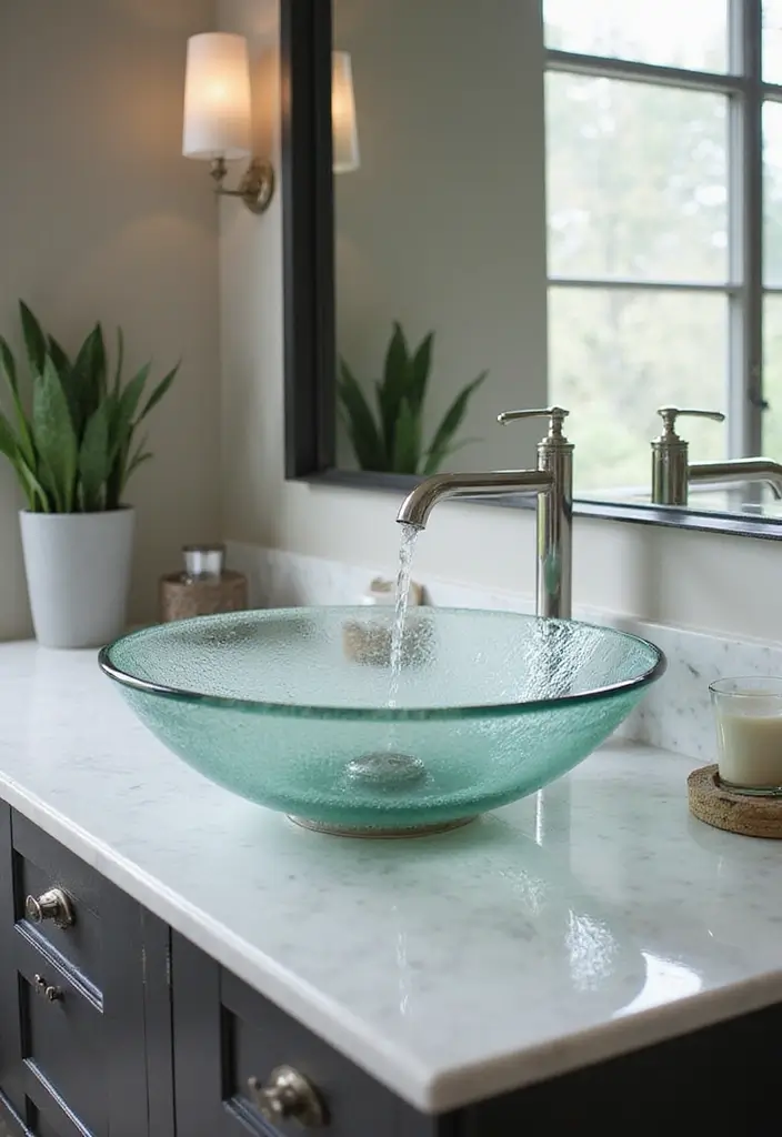 27 Small Bathroom Sink Ideas That Save Space Stylishly 10 27 Small Bathroom Sink Ideas That Save Space Stylishly - 9. Glass Sinks
