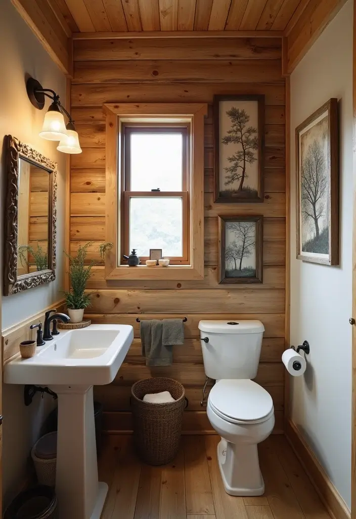 27 Small Cabin Bathroom Ideas With Rustic Charm 26 27 Small Cabin Bathroom Ideas With Rustic Charm - 25. Creative Wall Art