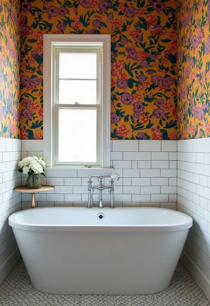 27 Subway Tile Bathroom Wall Designs That Never Go Out of Style 14 27 Subway Tile Bathroom Wall Designs That Never Go Out of Style - 13. Subway Tile Accents with Wallpaper
