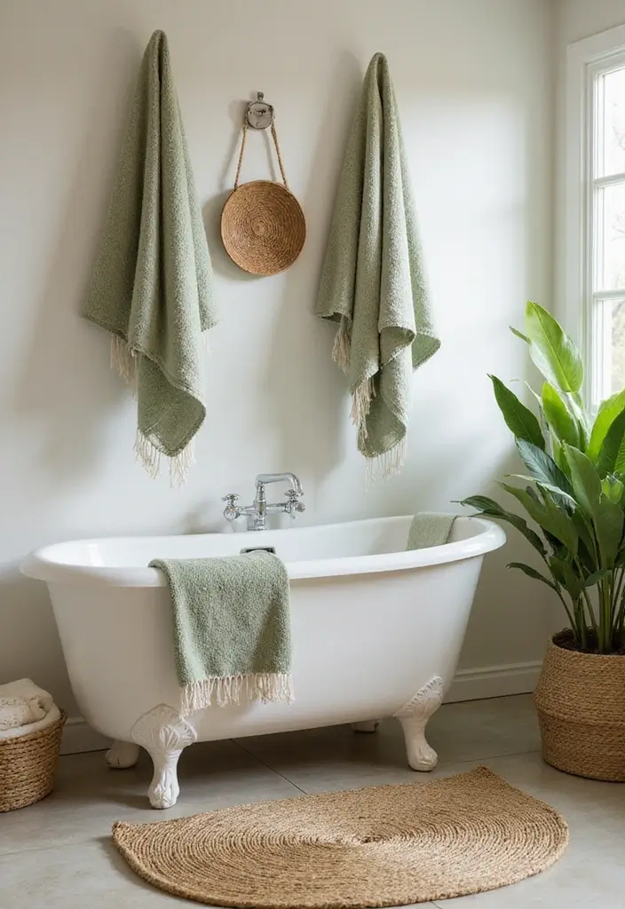 28 Bathroom Ideas Green and Serene for a Natural Vibe 11 28 Bathroom Ideas Green and Serene for a Natural Vibe - 10. Woven Textiles for Warmth