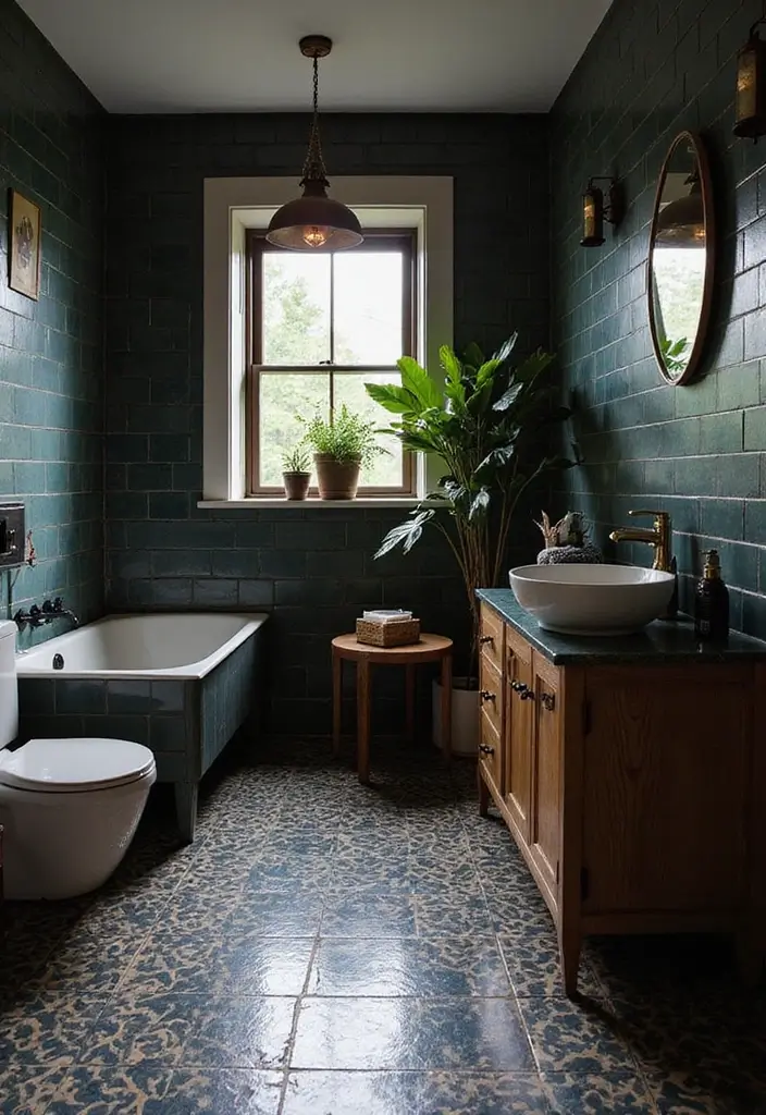 28 Dark Boho Bathroom Designs With Moody Vibes 2 28 Dark Boho Bathroom Designs With Moody Vibes - 1. Deep Hues with Patterned Tiles