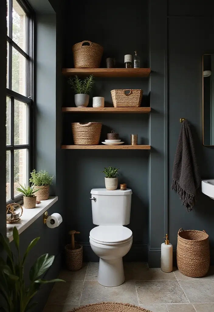 28 Dark Boho Bathroom Designs With Moody Vibes 11 28 Dark Boho Bathroom Designs With Moody Vibes - 10. Creative Storage Solutions