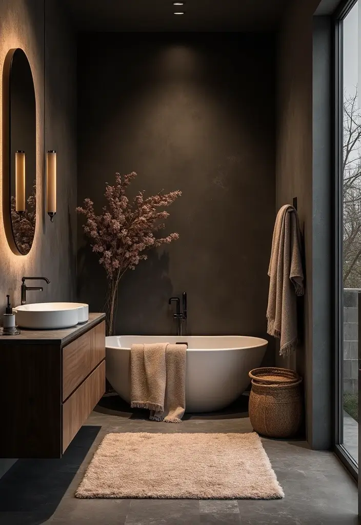 28 Dark Boho Bathroom Designs With Moody Vibes 13 28 Dark Boho Bathroom Designs With Moody Vibes - 12. Luxe Textiles in Soft Lighting