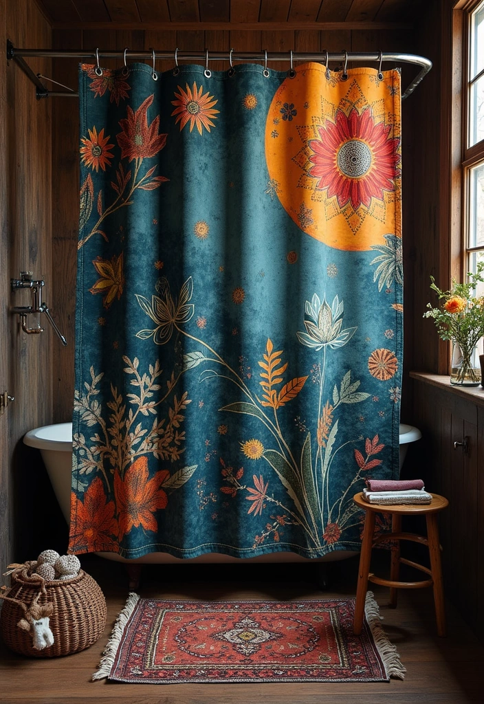 28 Dark Boho Bathroom Designs With Moody Vibes 15 28 Dark Boho Bathroom Designs With Moody Vibes - 14. Artistic Shower Curtains