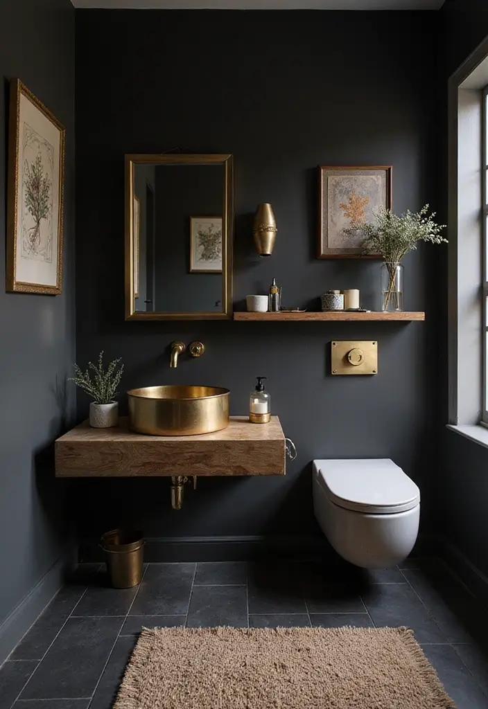 28 Dark Boho Bathroom Designs With Moody Vibes 17 28 Dark Boho Bathroom Designs With Moody Vibes - 16. Dark Tones with Metallic Accents