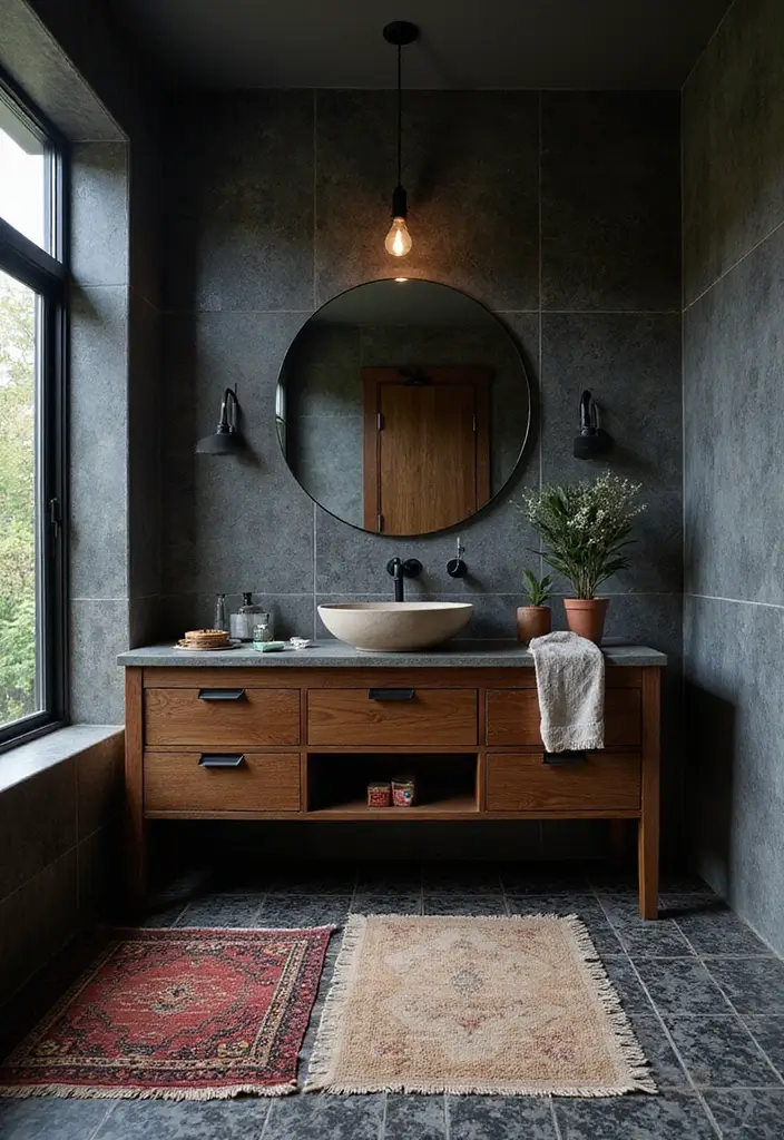 28 Dark Boho Bathroom Designs With Moody Vibes 19 28 Dark Boho Bathroom Designs With Moody Vibes - 18. Statement Flooring