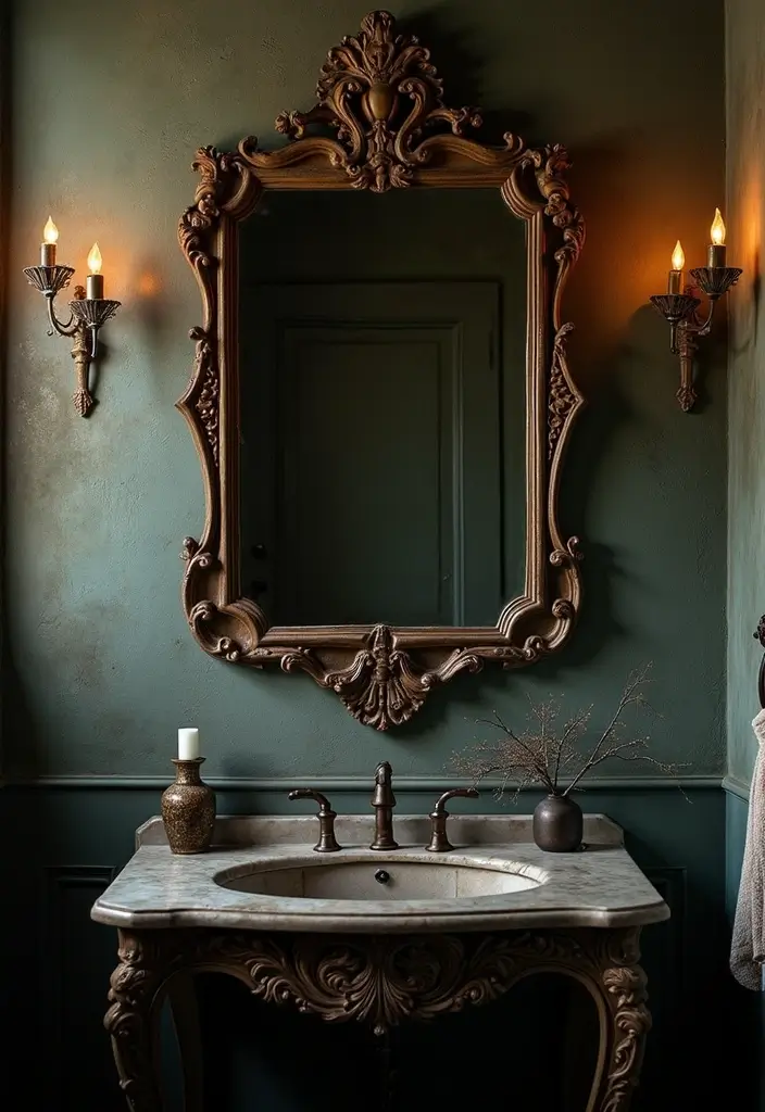 28 Dark Boho Bathroom Designs With Moody Vibes 3 28 Dark Boho Bathroom Designs With Moody Vibes - 2. Vintage Mirrors with Ornate Frames