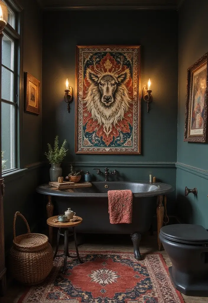 28 Dark Boho Bathroom Designs With Moody Vibes 22 28 Dark Boho Bathroom Designs With Moody Vibes - 21. Incorporate Artwork