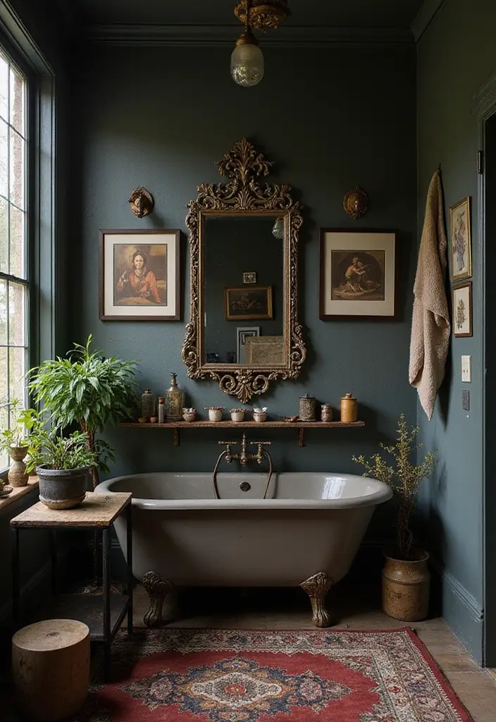 28 Dark Boho Bathroom Designs With Moody Vibes 26 28 Dark Boho Bathroom Designs With Moody Vibes - 25. Personal Touches with Family Heirlooms