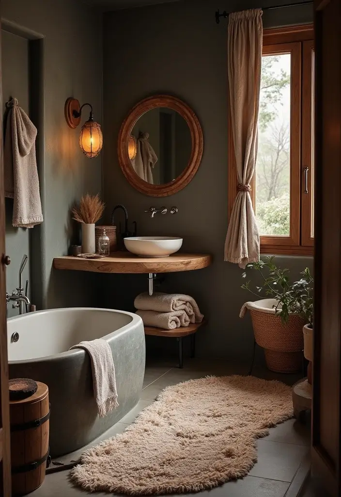 28 Dark Boho Bathroom Designs With Moody Vibes 29 28 Dark Boho Bathroom Designs With Moody Vibes - 28. Adding Comfort with Cozy Accessories