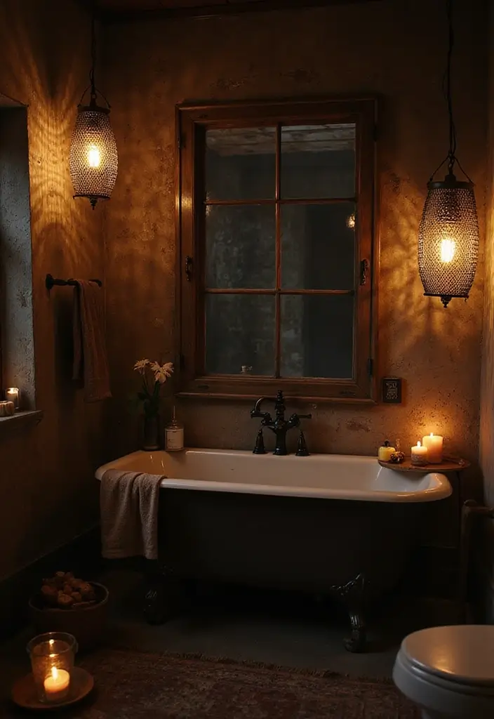 28 Dark Boho Bathroom Designs With Moody Vibes 7 28 Dark Boho Bathroom Designs With Moody Vibes - 6. Moody Lighting Choices